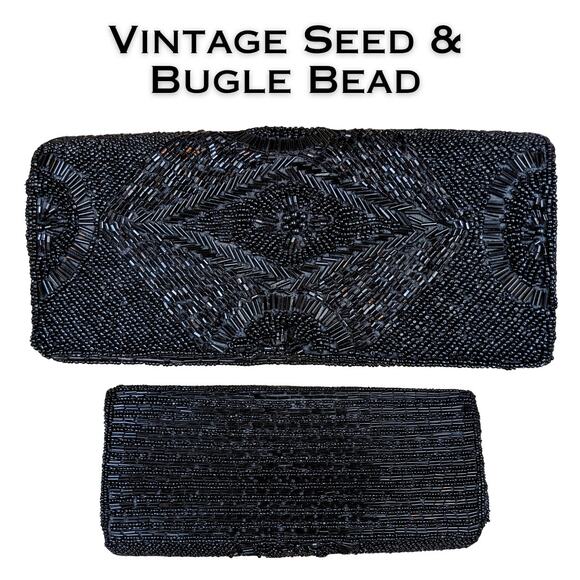 Unknown Handbags - Beaded Clutch Bag Black Seed Bugle Bead Evening Purse Formal Wedding Vintage